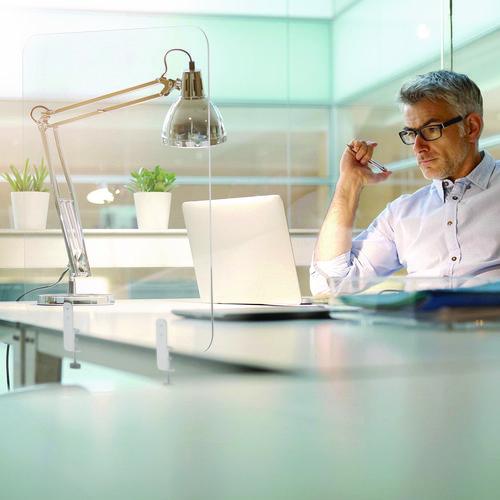 Picture of Protector Series Frameless Glass Desktop Divider, 35.4 x 0.16 x 35.4, Clear/Aluminum