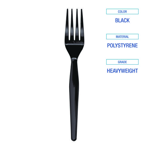 Picture of Heavyweight Polystyrene Cutlery, Fork, Black, 1000/Carton