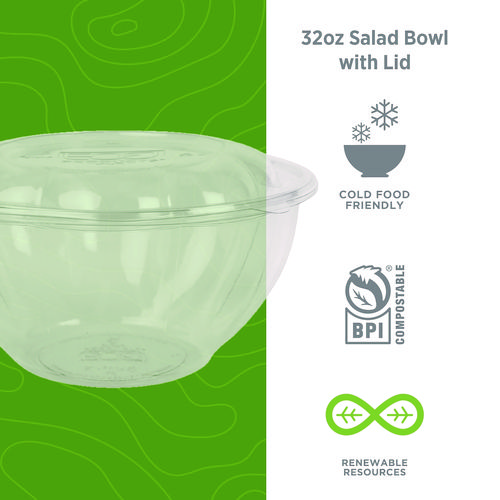 Picture of Renewable and Compostable Salad Bowls with Lids, 32 oz, Clear, Plastic, 50/Pack, 3 Packs/Carton