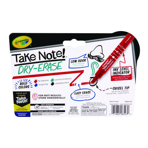 Picture of Take Note Dry Erase Markers, Chisel Tip, Assorted Colors, 4/Set