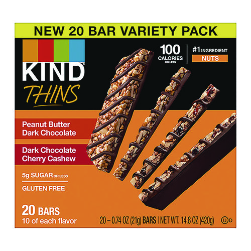 Picture of Thins Bar Variety Pack, Dark Chocolate Cherry Cashew; Peanut Butter Dark Chocolate, 0.74 oz, 20/Box