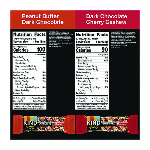 Picture of Thins Bar Variety Pack, Dark Chocolate Cherry Cashew; Peanut Butter Dark Chocolate, 0.74 oz, 20/Box