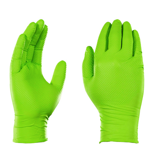 Picture of Heavy-Duty Industrial Nitrile Gloves, Powder-Free, 8 mil, Medium, Green, 100 Gloves/Box, 10 Boxes/Carton