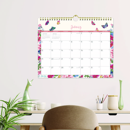 Picture of Fly By Monthly Wall Calendar, Butterflies Artwork, 11" x 8.75", Cream/Pink/Blue Sheets, 12-Month (Jan to Dec): 2025