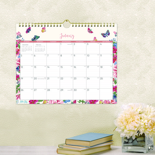 Picture of Fly By Monthly Wall Calendar, Butterflies Artwork, 11" x 8.75", Cream/Pink/Blue Sheets, 12-Month (Jan to Dec): 2025