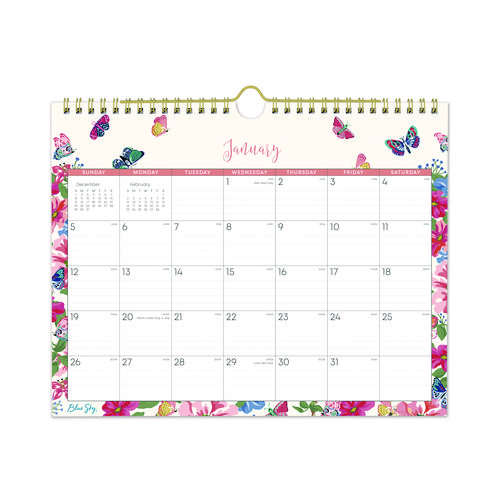 Picture of Fly By Monthly Wall Calendar, Butterflies Artwork, 11" x 8.75", Cream/Pink/Blue Sheets, 12-Month (Jan to Dec): 2025