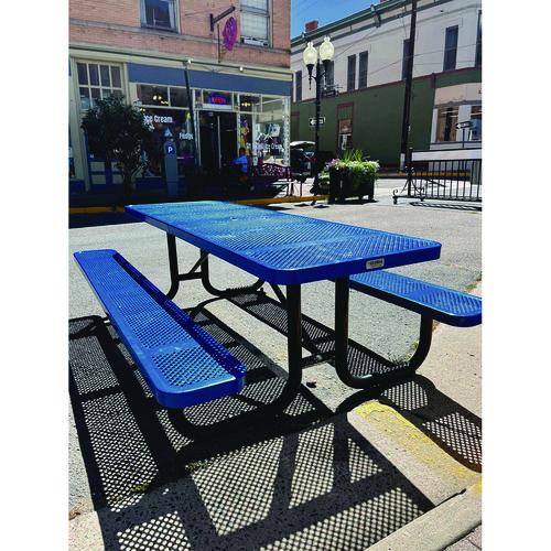 Picture of Expanded Steel Picnic Table, Rectangular, 96 x 62 x 29.5, Blue Top, Blue Base/Legs
