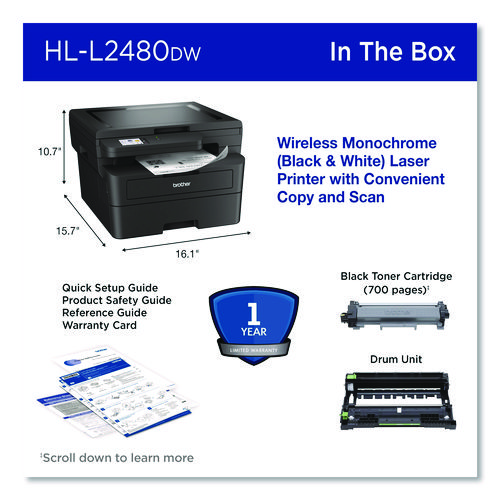 Picture of Wireless HL-L2480DW Compact Monochrome Multi-Function Laser Printer, Copy/Print/Scan