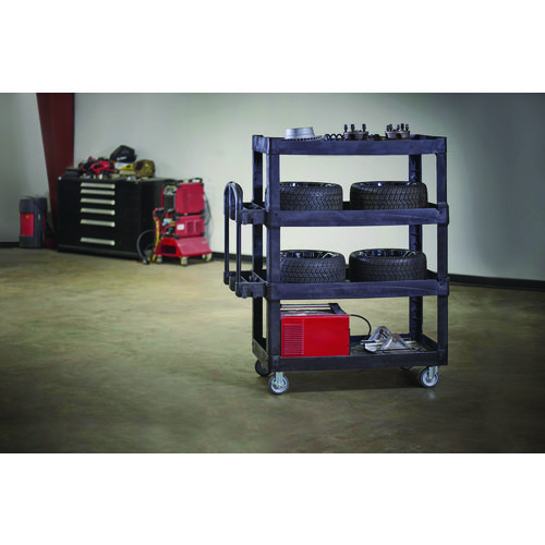 Picture of BRUTE Heavy-Duty Ergo Utility Cart, Plastic, 4 Shelves, 700 lb Capacity, 24.35" x 54.1" x 62.4", Black