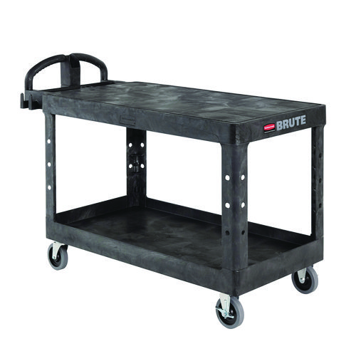 Picture of Heavy-Duty Utility Cart with Flat Shelves, Plastic, 2 Shelves, 500 lb Capacity, 25.25" x 54" x 36", Black