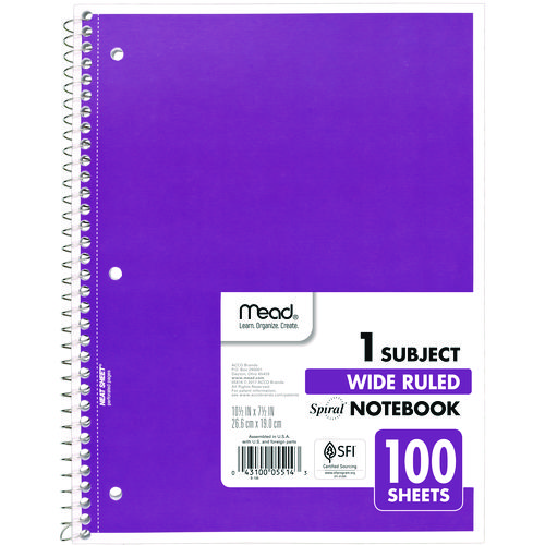 Picture of Spiral Notebook, 3-Hole Punched, 1-Subject, Wide/Legal Rule, Randomly Assorted Cover Color, (100) 10.5 x 7.5 Sheets