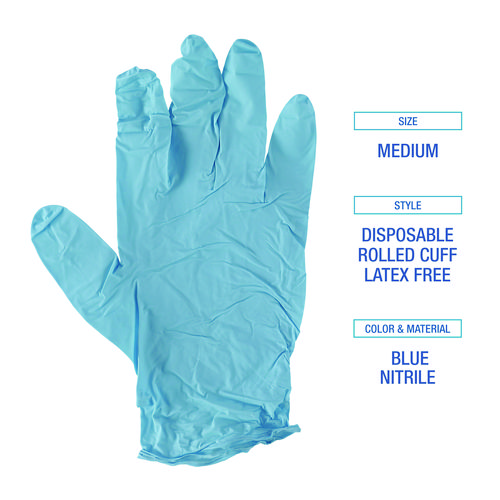 Picture of Disposable Examination Nitrile Gloves, Medium, Blue, 5 mil, 100/Box