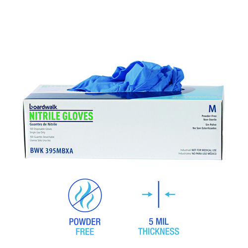 Picture of Disposable Powder-Free Nitrile Gloves, Medium, Blue, 5 mil, 100/Box