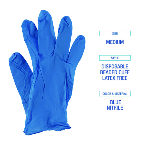 Picture of Disposable Powder-Free Nitrile Gloves, Medium, Blue, 5 mil, 100/Box
