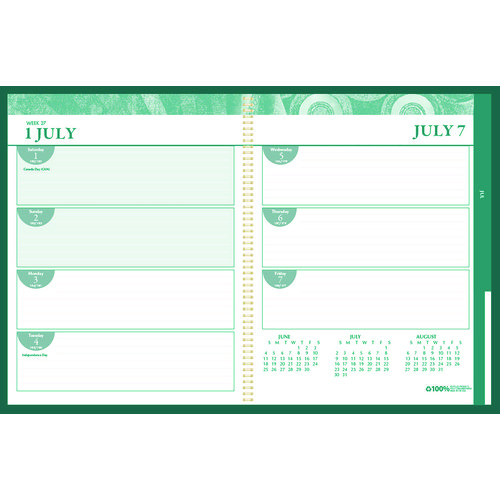 Picture of 100% Recycled MonoBright Monthly/Weekly Planner, 11 x 8.5, Green/Gold Cover, 12-Month (July to June): 2024 to 2025