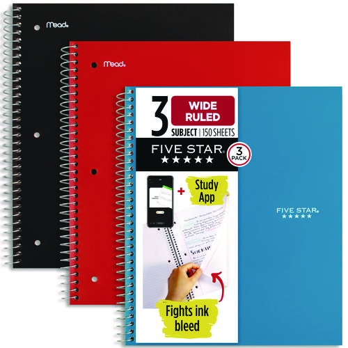 Picture of Wirebound Notebook, 3-Subject, Wide/Legal Rule, Assorted Cover Color, (150) 10.5 x 8.63 Sheets, 3/Pack