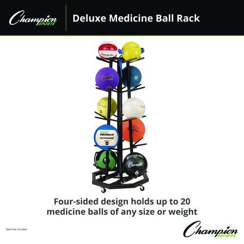 Picture of Deluxe Five-Row Mobile Medicine Ball Rack, Metal, 198 lb Capacity, 25" x 25" x 56", Black