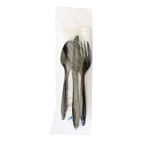 Picture of Six-Piece Cutlery Kit, Fork/Knife/Napkin/Pepper/Salt/Spoon, Black, 250/Carton