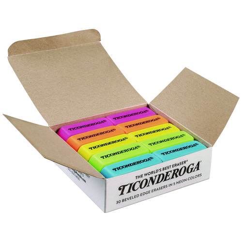 Picture of Neon Wedged Block Erasers, For Pencil Marks, Slanted-Edge Rectangular Block, Medium, Assorted Colors, 30/Box