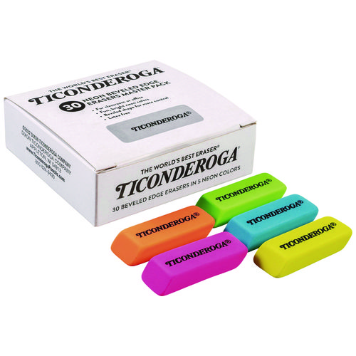 Picture of Neon Wedged Block Erasers, For Pencil Marks, Slanted-Edge Rectangular Block, Medium, Assorted Colors, 30/Box