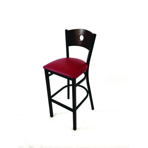 Picture of Circle Series Barstool, Supports Up to 300 lb, 28.5" Seat Height, Burgundy Seat, Dark Walnut Back, Black Base