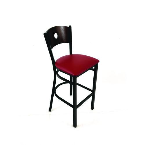 Picture of Circle Series Barstool, Supports Up to 300 lb, 28.5" Seat Height, Burgundy Seat, Dark Walnut Back, Black Base