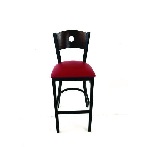 Picture of Circle Series Barstool, Supports Up to 300 lb, 28.5" Seat Height, Burgundy Seat, Dark Walnut Back, Black Base