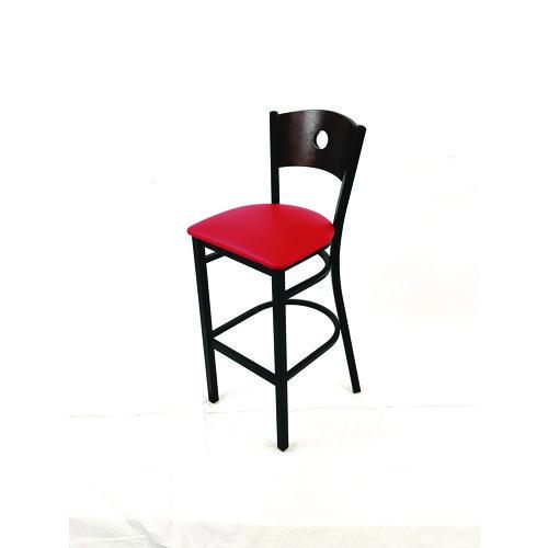 Picture of Circle Series Barstool, Supports Up to 300 lb, 28.5" Seat Height, Red Seat, Dark Walnut Back, Black Base