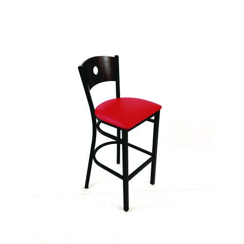 Picture of Circle Series Barstool, Supports Up to 300 lb, 28.5" Seat Height, Red Seat, Dark Walnut Back, Black Base