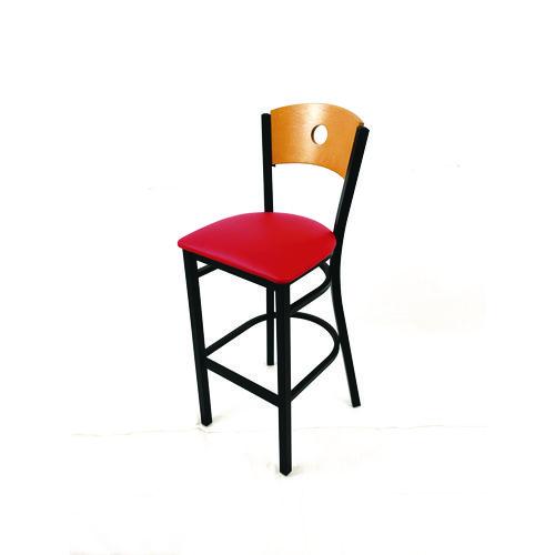 Picture of Circle Series Barstool, Supports Up to 300 lb, 28.5" Seat Height, Red Seat, Natural Back, Black Base