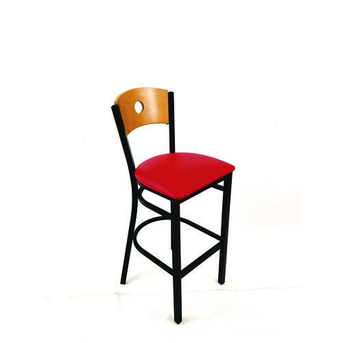 Picture of Circle Series Barstool, Supports Up to 300 lb, 28.5" Seat Height, Red Seat, Natural Back, Black Base