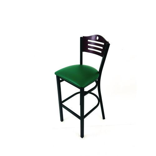 Picture of Eagle Series Barstool, Supports Up to 300 lb, 28.5" Seat Height, Green Seat, Dark Mahogany Back, Black Base