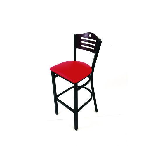 Picture of Eagle Series Barstool, Supports Up to 300 lb, 28.5" Seat Height, Red Seat, Dark Mahogany Back, Black Base
