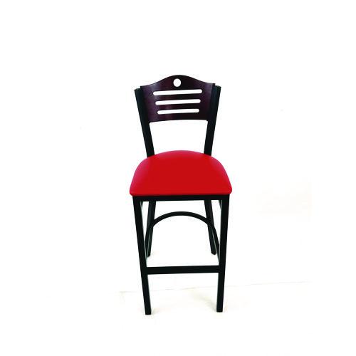 Picture of Eagle Series Barstool, Supports Up to 300 lb, 28.5" Seat Height, Red Seat, Dark Mahogany Back, Black Base