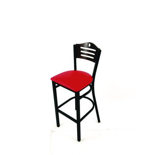Picture of Eagle Series Barstool, Supports Up to 300 lb, 28.5" Seat Height, Red Seat, Dark Walnut Back, Black Base