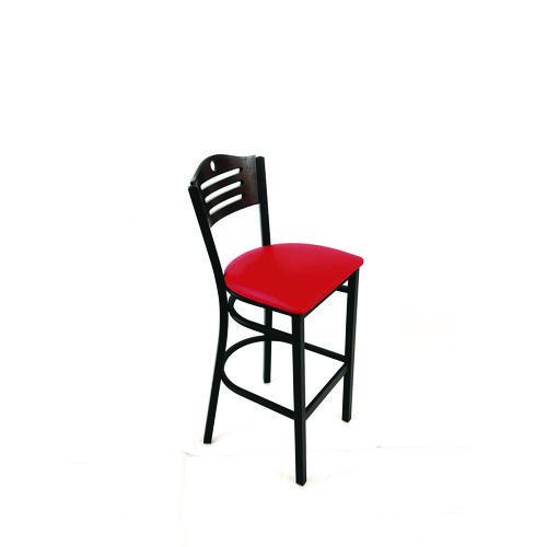 Picture of Eagle Series Barstool, Supports Up to 300 lb, 28.5" Seat Height, Red Seat, Dark Walnut Back, Black Base