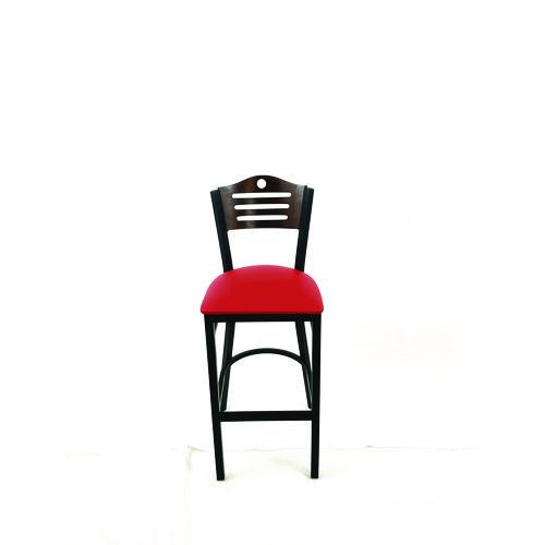 Picture of Eagle Series Barstool, Supports Up to 300 lb, 28.5" Seat Height, Red Seat, Dark Walnut Back, Black Base