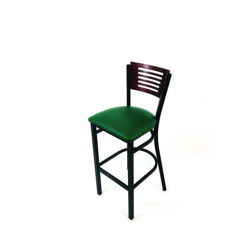 Picture of Jones River Series Barstool, Supports Up to 300 lb, 28.5" Seat Height, Green Seat, Dark Mahogany Back, Black Base