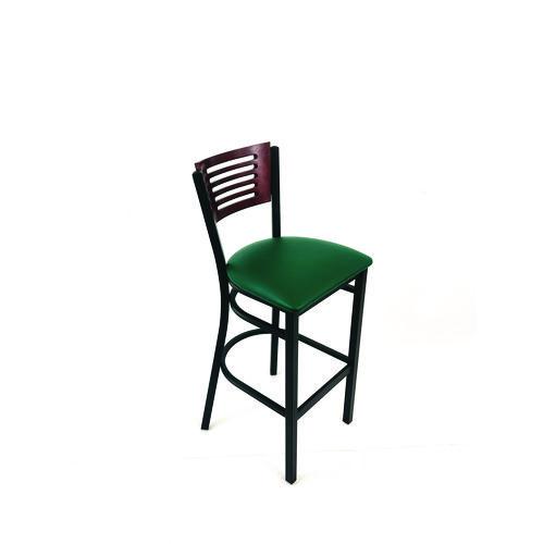 Picture of Jones River Series Barstool, Supports Up to 300 lb, 28.5" Seat Height, Green Seat, Dark Mahogany Back, Black Base