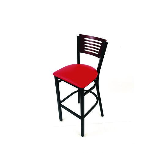 Picture of Jones River Series Barstool, Supports Up to 300 lb, 28.5" Seat Height, Red Seat, Dark Mahogany Back, Black Base