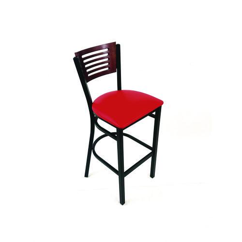Picture of Jones River Series Barstool, Supports Up to 300 lb, 28.5" Seat Height, Red Seat, Dark Mahogany Back, Black Base