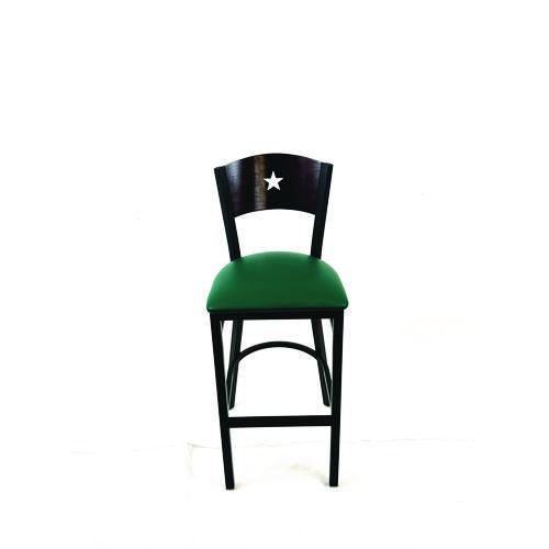 Picture of Liberty Series Barstool, Supports Up to 300 lb, 28.5" Seat Height, Green Seat, Dark Mahogany Back, Black Base
