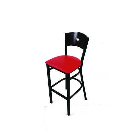 Picture of Liberty Series Barstool, Supports Up to 300 lb, 28.5" Seat Height, Red Seat, Dark Mahogany Back, Black Base