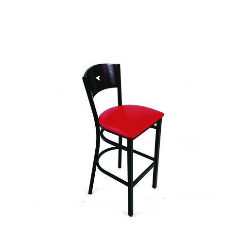 Picture of Liberty Series Barstool, Supports Up to 300 lb, 28.5" Seat Height, Red Seat, Dark Mahogany Back, Black Base