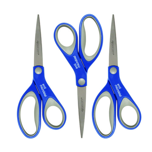 Picture of Scissors with Antimicrobial Protection, 8" Long, 3.25" Cut Length, Straight Blue/Gray Handle, 3/Pack