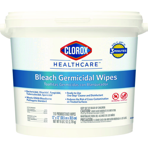 Bleach+Germicidal+Wipes%2C+1-Ply%2C+12+x+12%2C+Unscented%2C+White%2C+110%2FBucket