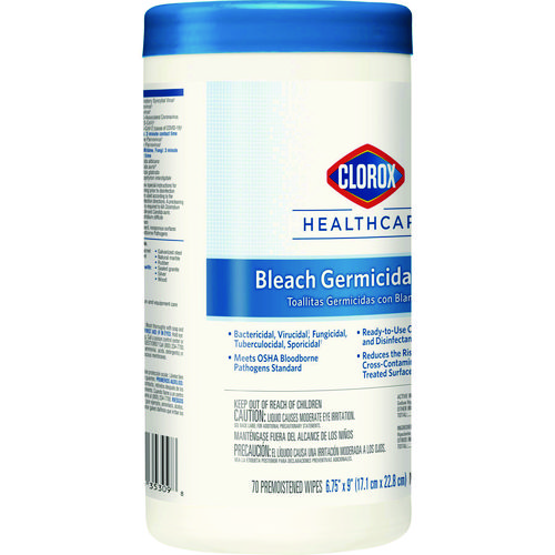 Picture of Bleach Germicidal Wipes, 1-Ply, 6.75 x 9, Unscented, White, 70/Canister