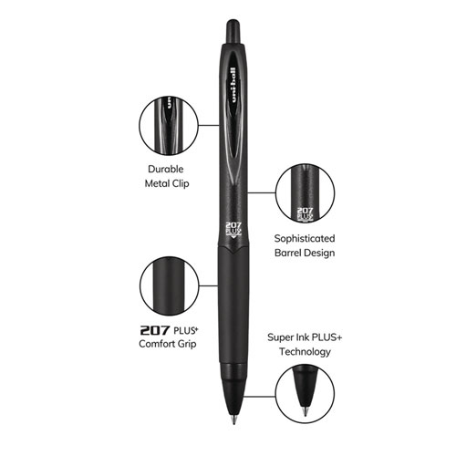 Picture of 207 Plus+ Gel Pen, Retractable, Micro 0.5 mm, Black Ink, Black Barrel, Dozen