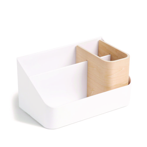 Picture of Mod All-in-One Desktop Organizer, 4 Compartments, 5.39 x 9.65 x 5.08, Plastic/Wood, White