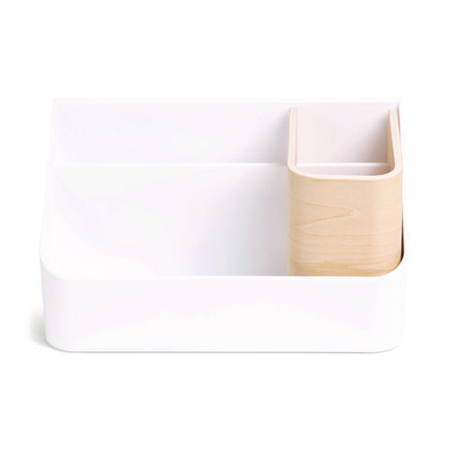 Picture of Mod All-in-One Desktop Organizer, 4 Compartments, 5.39 x 9.65 x 5.08, Plastic/Wood, White